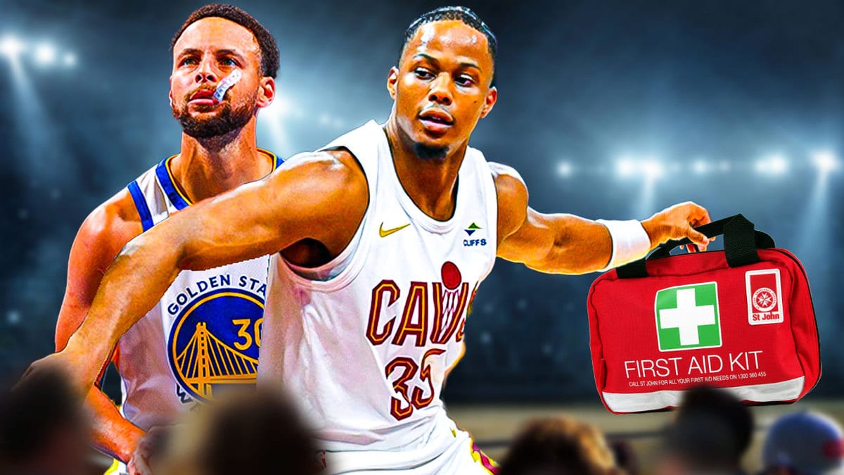 Isaac Okoro guarding Stephen Curry, medical kit beside Okoro