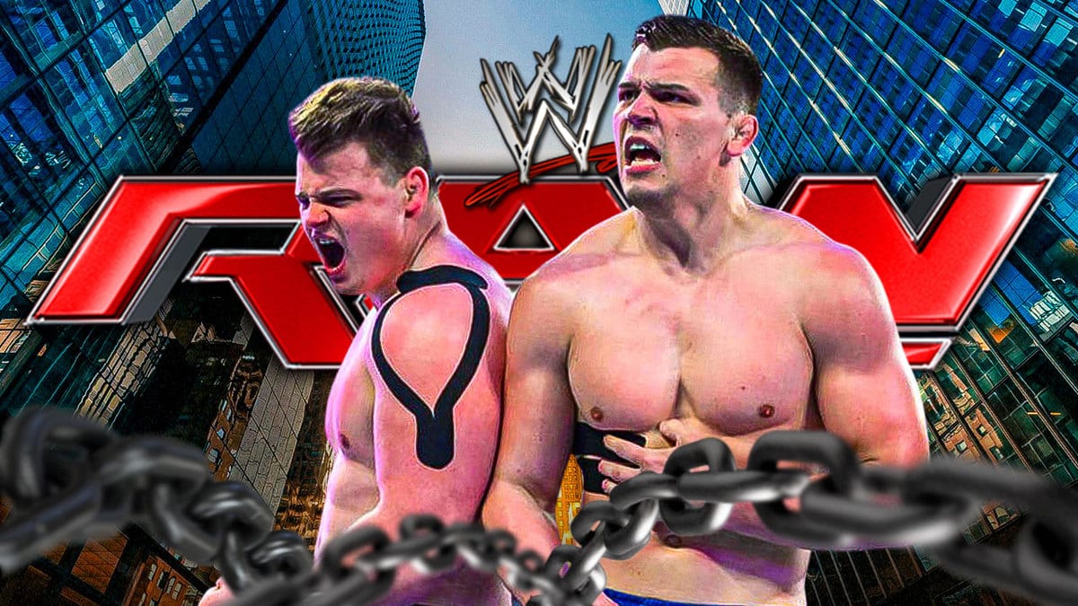 The Creed Brothers in front of the RAW logo.