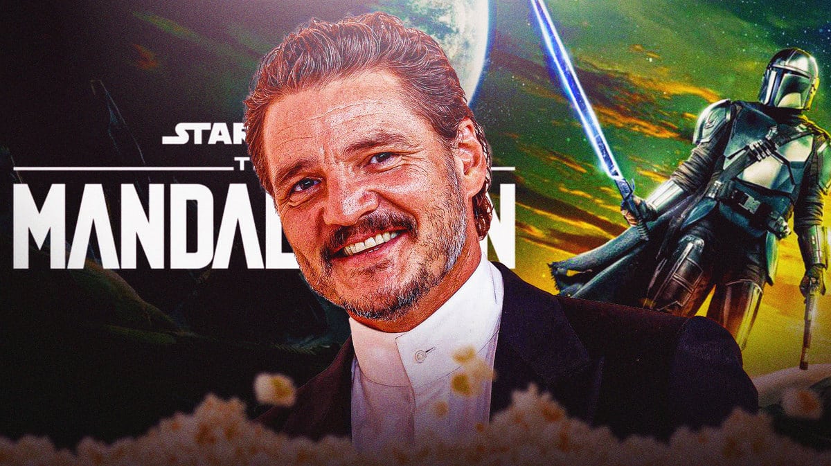 Pedro Pascal and the Mandalorian in the background.