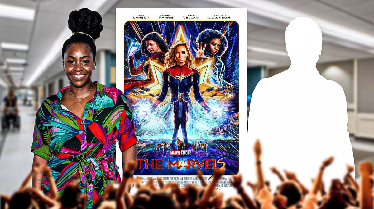 Teyonah Parris and secret character next to The Marvels poster and hospital background.
