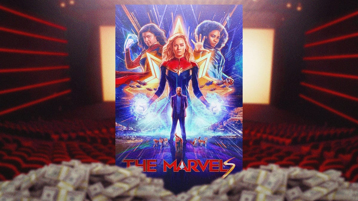 The Marvels poster with money and movie theater background.
