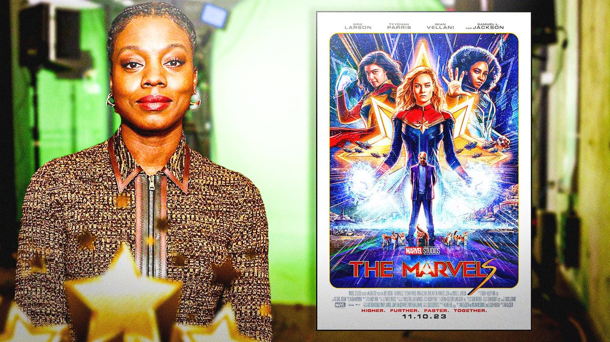 MCU director Nia DaCosta next to The Marvels poster.