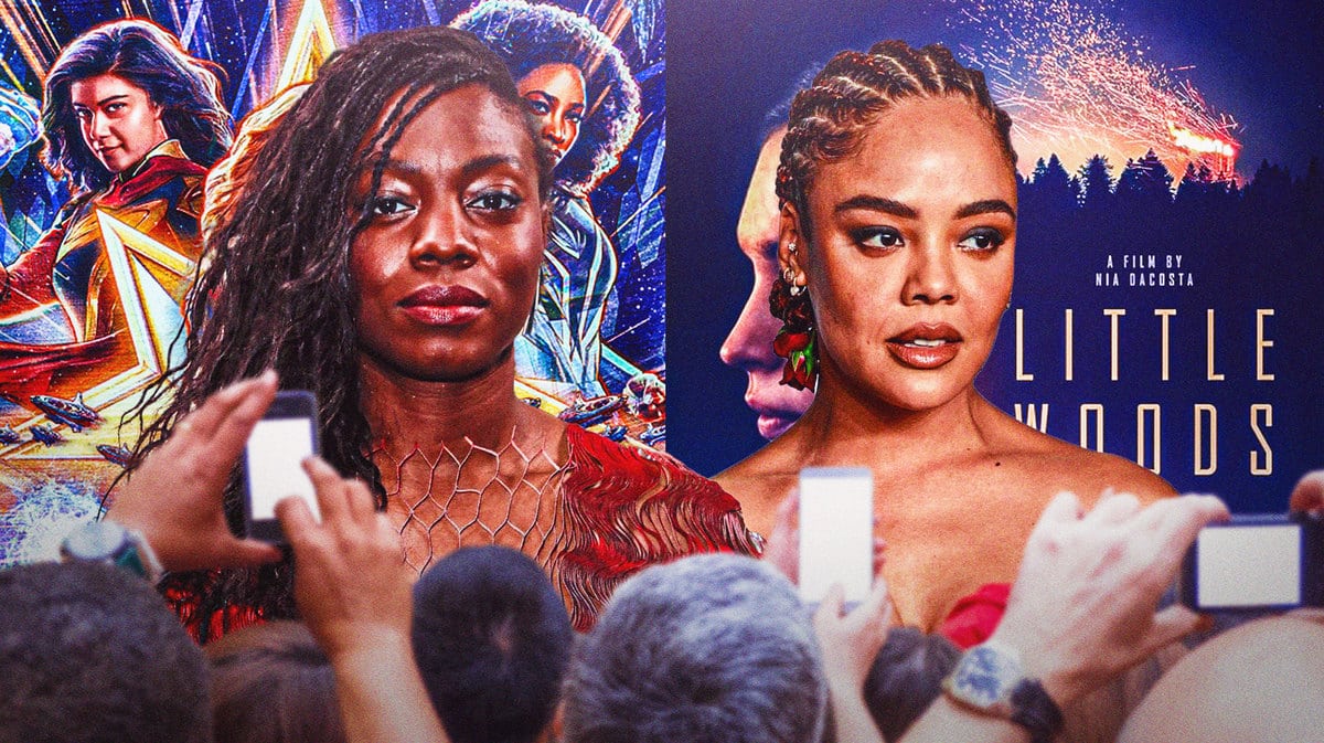 MCU poster for The Marvels, director Nia DaCosta and Tessa Thompson in front of Little Woods poster.