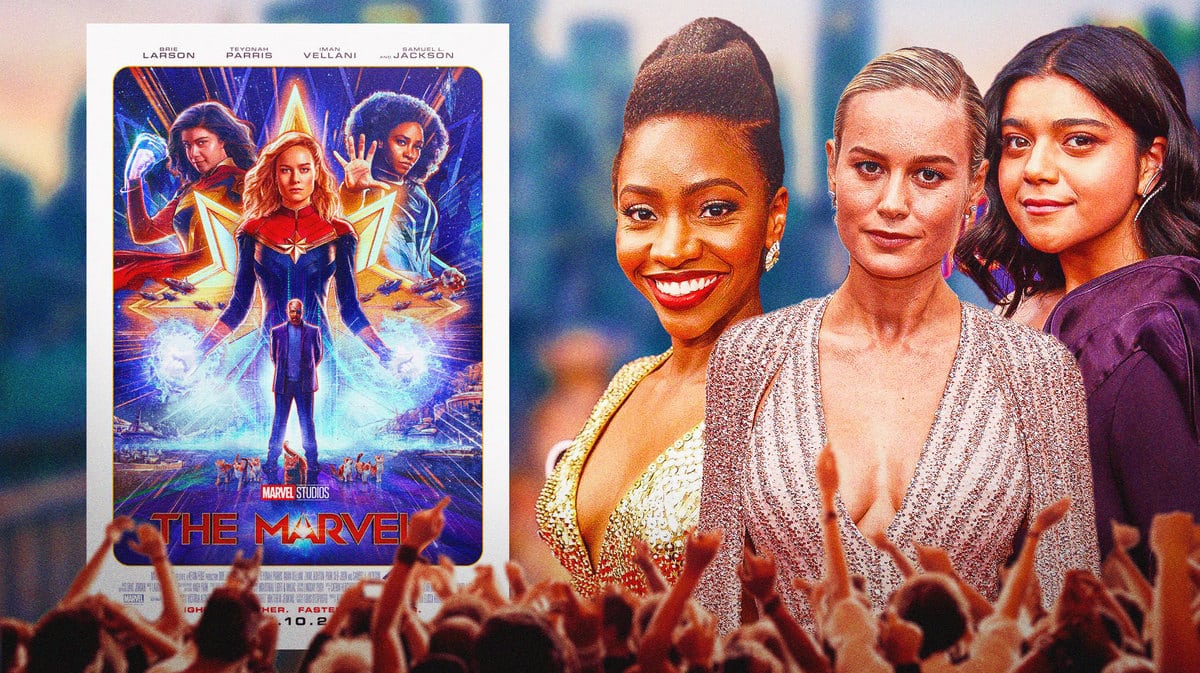 The Marvels poster next to Teyonah Parris, Brie Larson, and Iman Vellani.