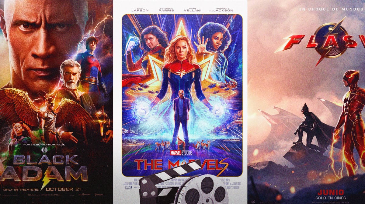 DCU films Black Adam and The Flash posters with MCU The Marvels in between.