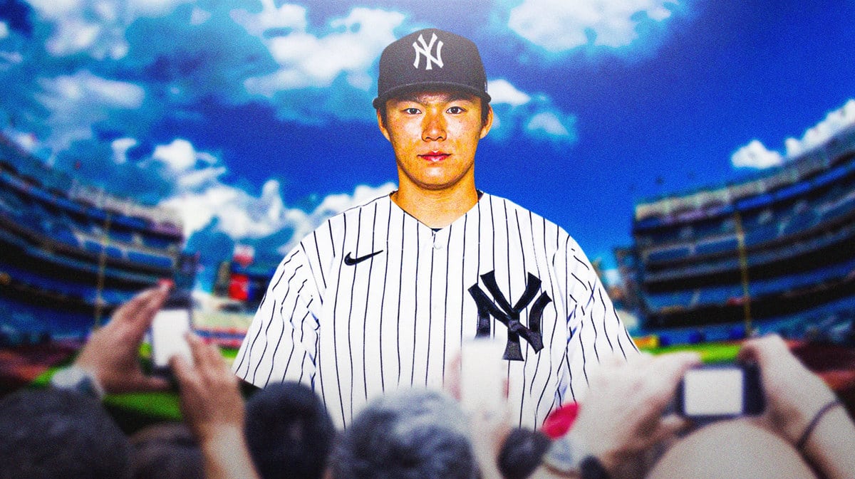 photo of Yamamoto in action in Yankees jersey