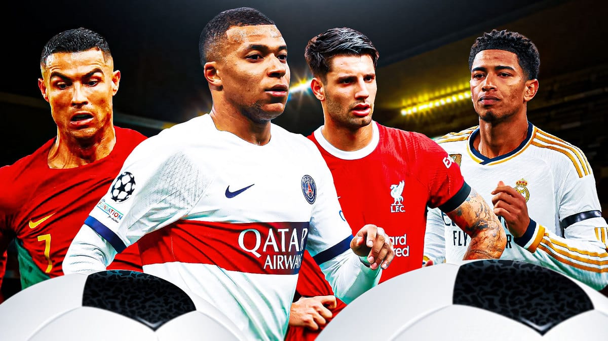Cristiano Ronaldo, Kylian Mbappe, Dominik Szoboszlai, Jude Bellingham in front of the Euro 2024 logo