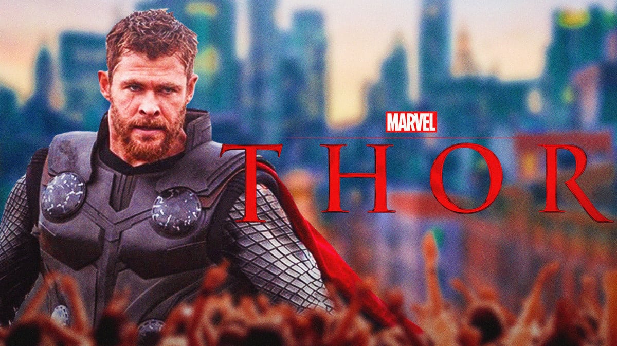 Chris Hemsworth as Thor next to MCU Thor logo.