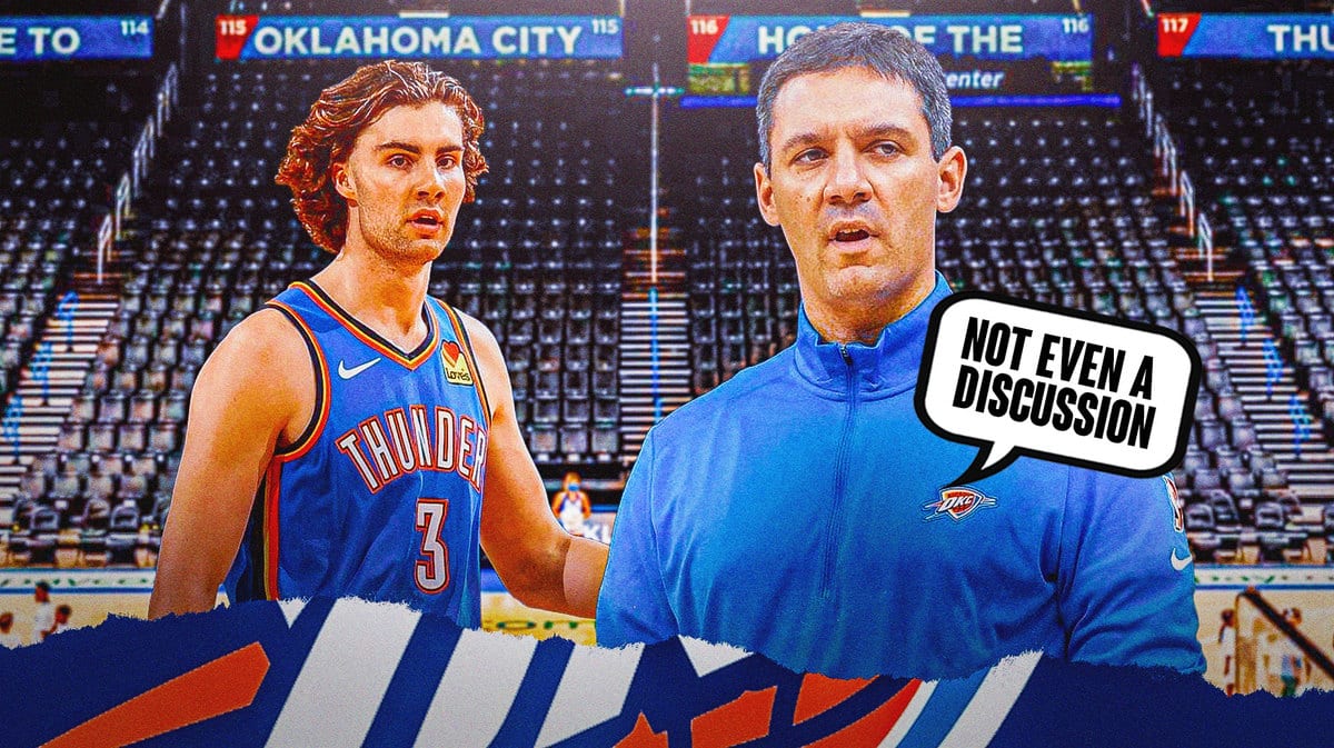 Photo: Mark Daigneault saying “Not even a discussion”, Josh Giddey beside him in Thunder jersey in action
