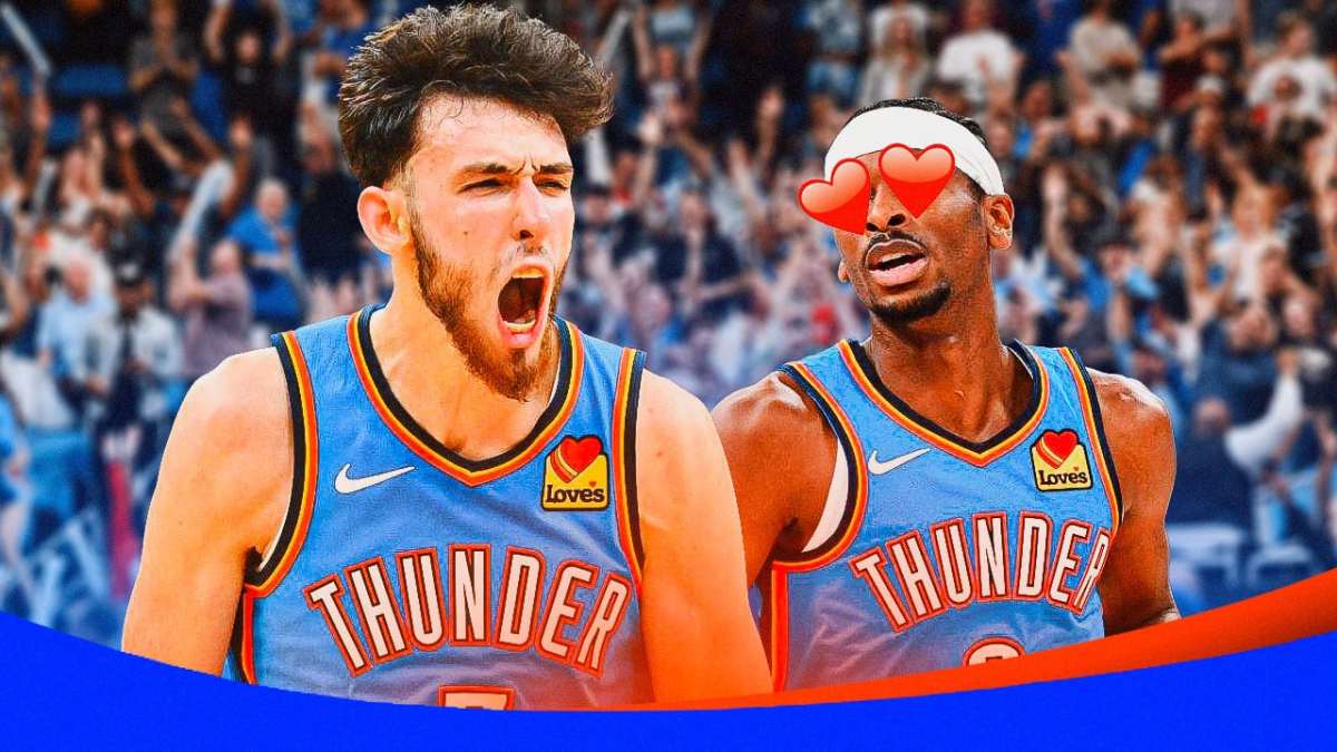 Thunder G Shai Gilgeous-Alexander heart eyes towards a celebrating Chet Holmgren