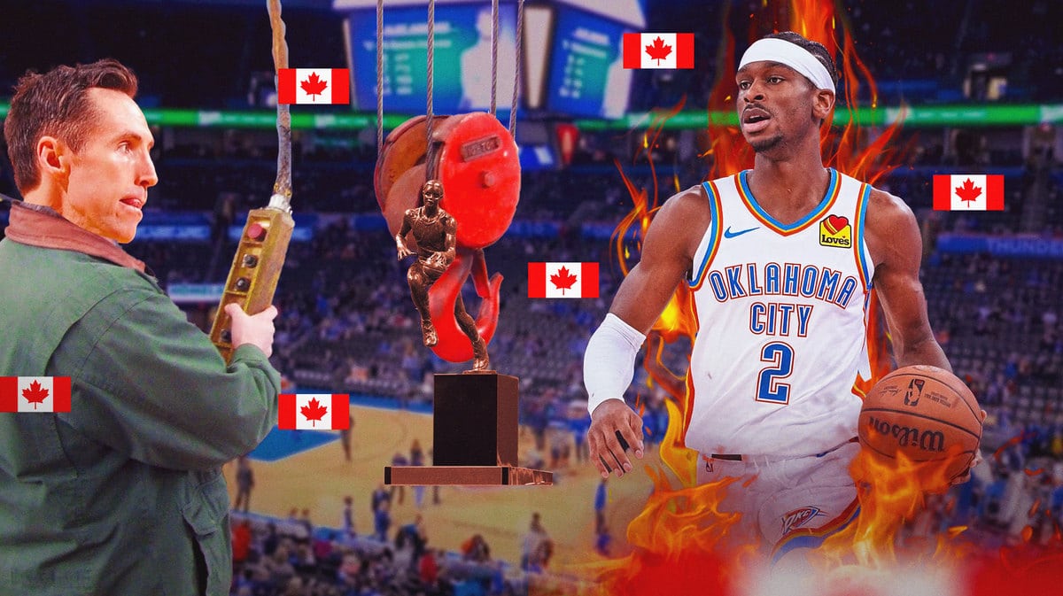 Suns' Steve Nash hoisting the 2006 NBA MVP trophy on the left, with an on-fire Thunder Shai Gilgeous-Alexander on the right, Canada flag all over