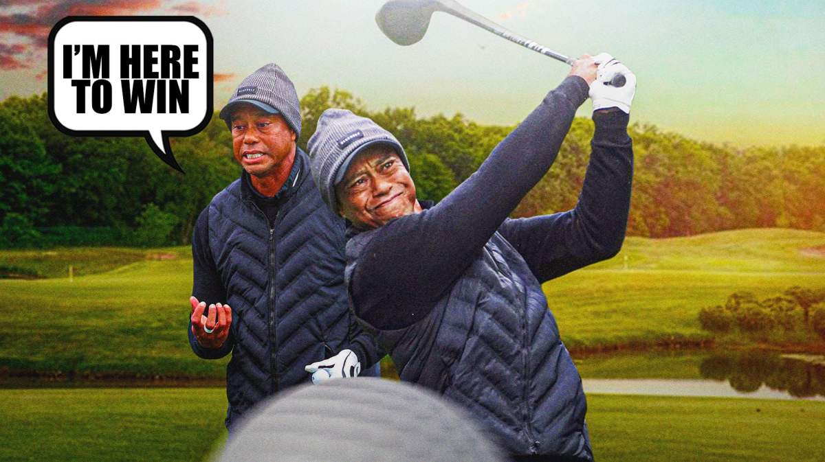 Tiger Woods swinging with a caption saying "I'm here to win"