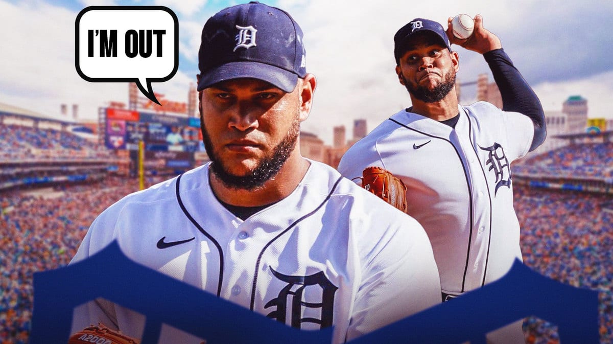 Eduardo Rodriguez in action in Tigers jersey at Comerica Park, have another photo of him in same thumb looking serious saying “I’m out”