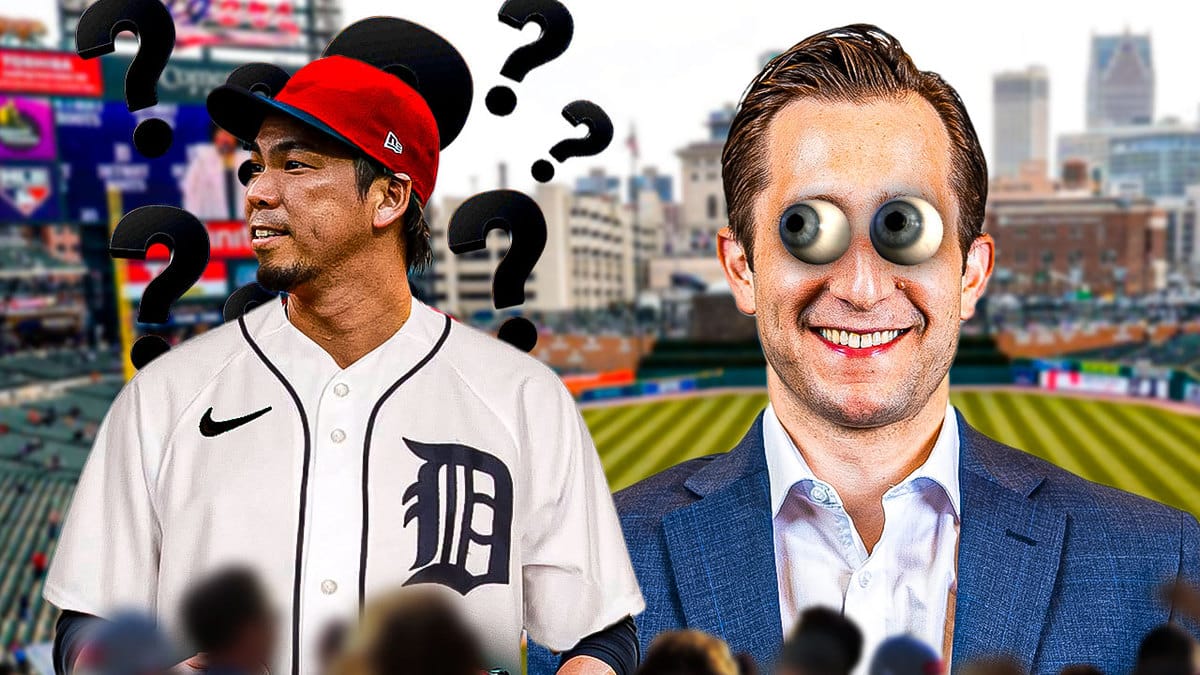 Detroit Tigers GM Jeff Greenberg with big eyes looking at Kenta Maeda in Tigers jersey with question marks above him, Comerica Park as the background