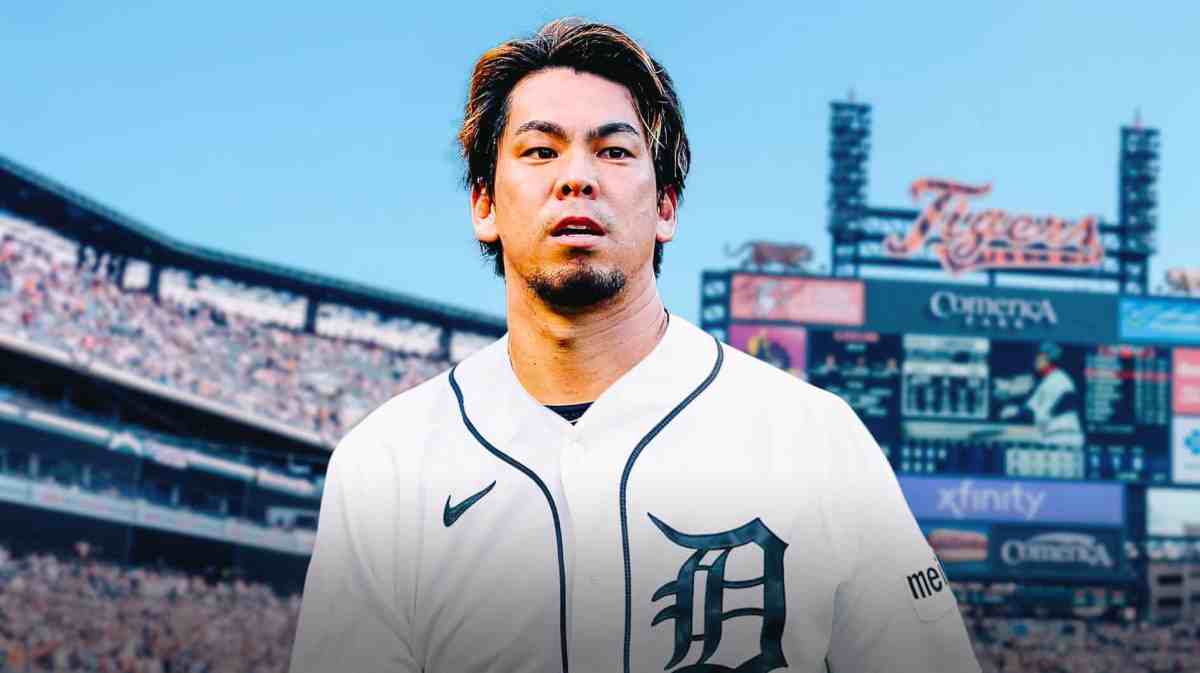 Detroit, Tigers, Kenta Maeda, Scott Harris, MLB free agency, Kenta Maeda in Tigers uni with Comerica Park in the background