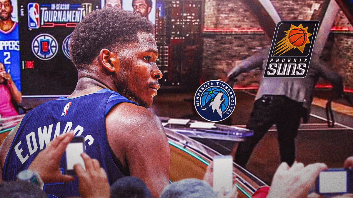 A screenshot of Kendrick Perkins spanking a chair with his belt, put the Suns logo on Perkins and Timberwolves logo on the chair; with Anthony Edwards on the side looking frustrated