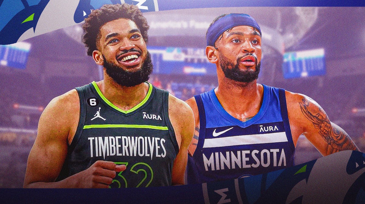 KAT, Nickeil Alexander walker happy in front of Target Center, Timberwolves