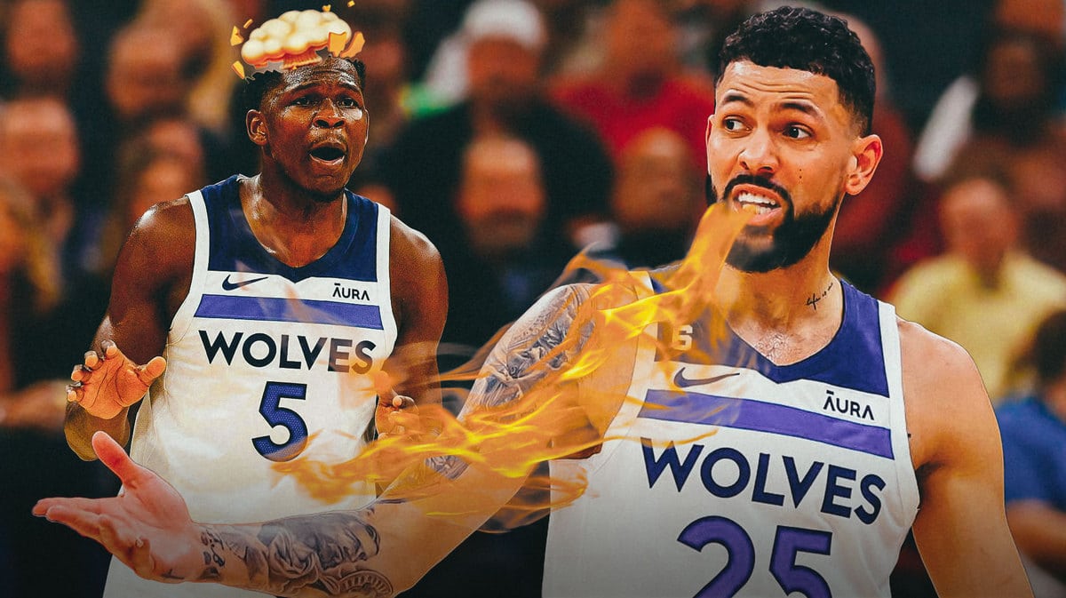 Austin Rivers with fire coming out his mouth. Timberwolves' Anthony Edwards with mind-blown head.