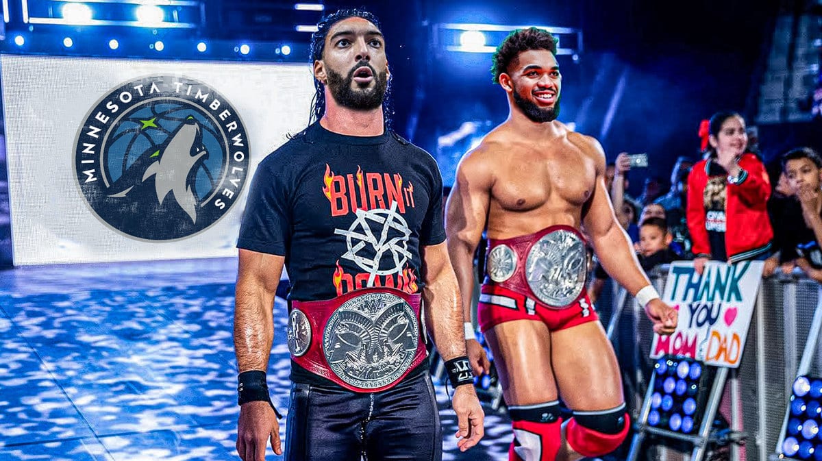 Rudy Gobert and Karl-Anthony Towns of the Timberwolves as wrestlers