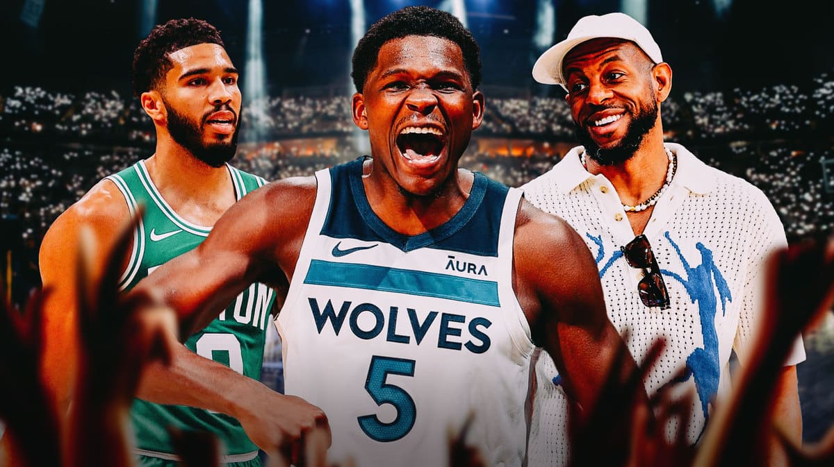 Andre Iguodala in casual clothes looking happy, with Timberwolves' Anthony Edwards hyped up and Celtics' Jayson Tatum looking sad