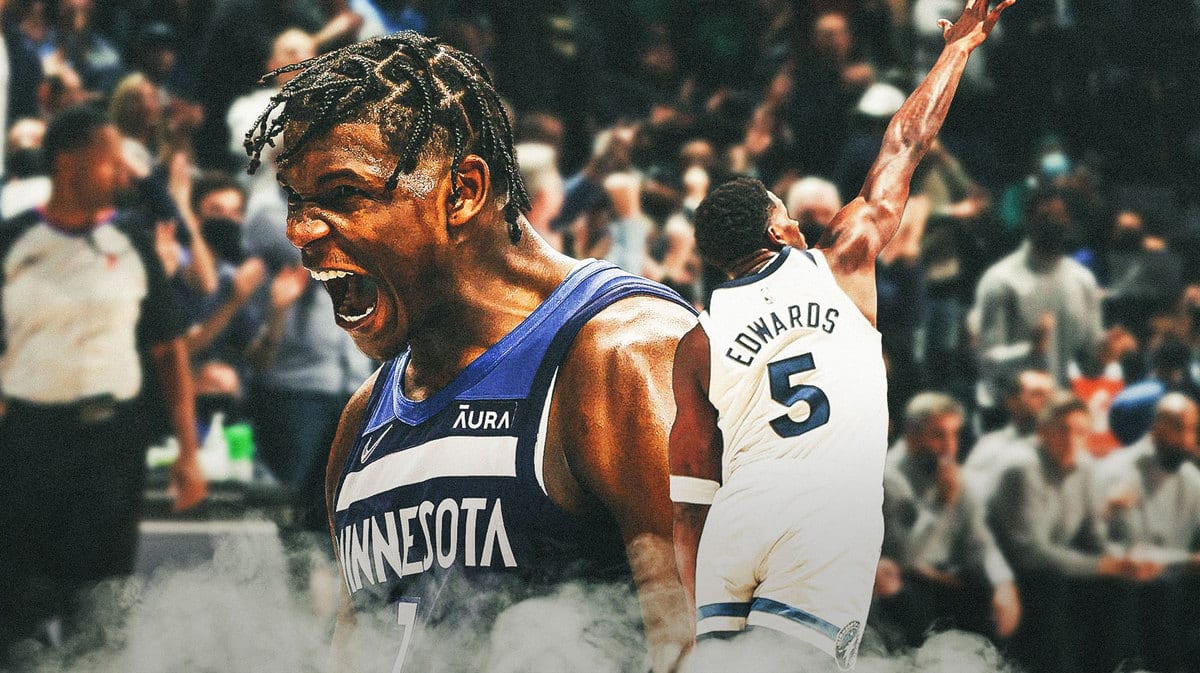 Timberwolves guard Anthony Edwards blocking a shot