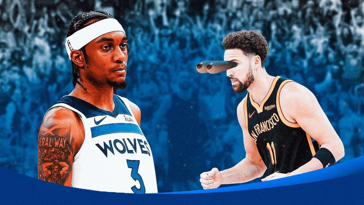 Minnesota Timberwolves forward Jaden McDaniels and Golden State Warriors guard Klay Thompson