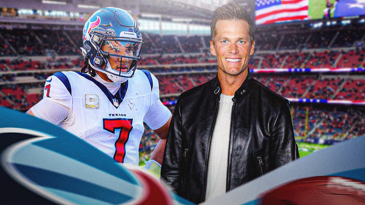 Photo: C.J. Stroud in Texans uniform with Tom Brady next to him in normal clothes happy