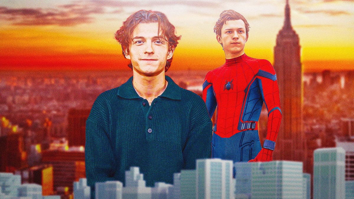 Tom Holland next to Spider-Man and New York City background.