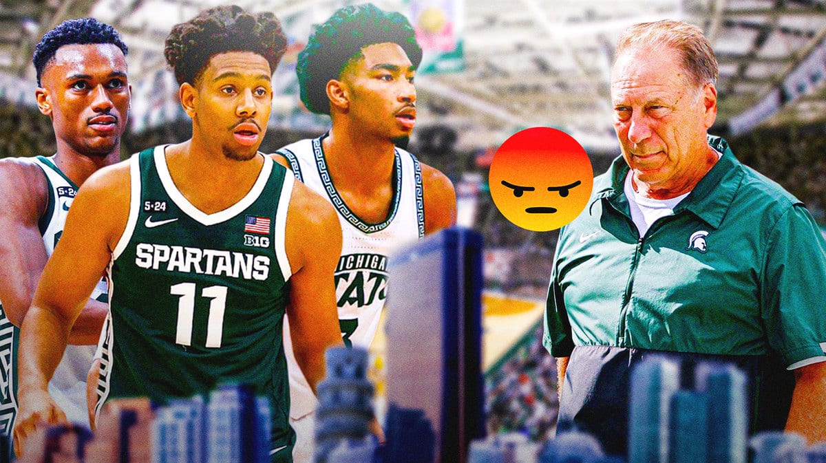 Tom Izzo with angry emojis near him. Tyson Walker, AJ Hoggard, Jaden Akins