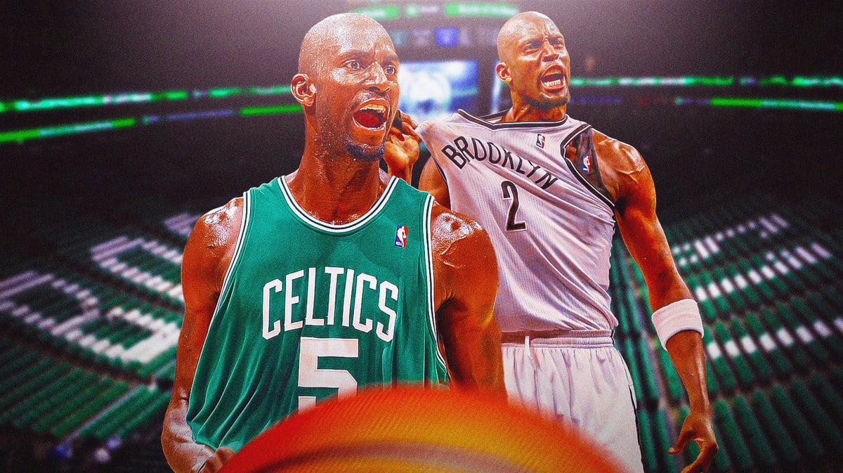 Kevin Garnett acting mad in a Celtics and Nets jersey