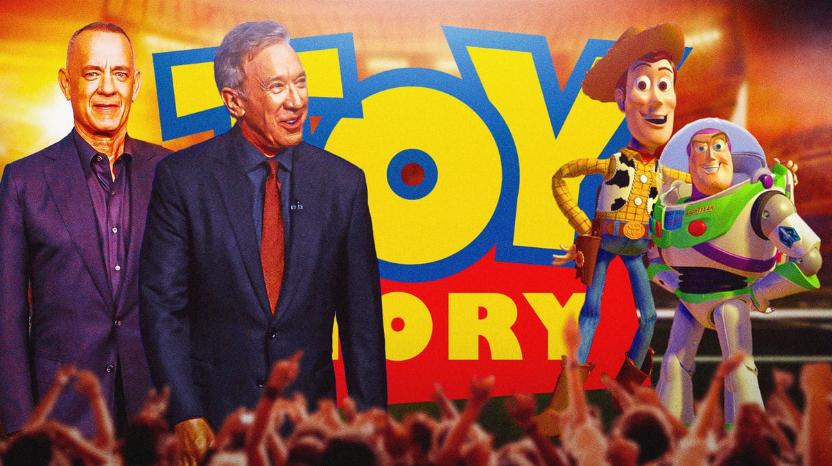 Tom Hanks and Tim Allen next to Woody and Buzz and Toy Story logo.