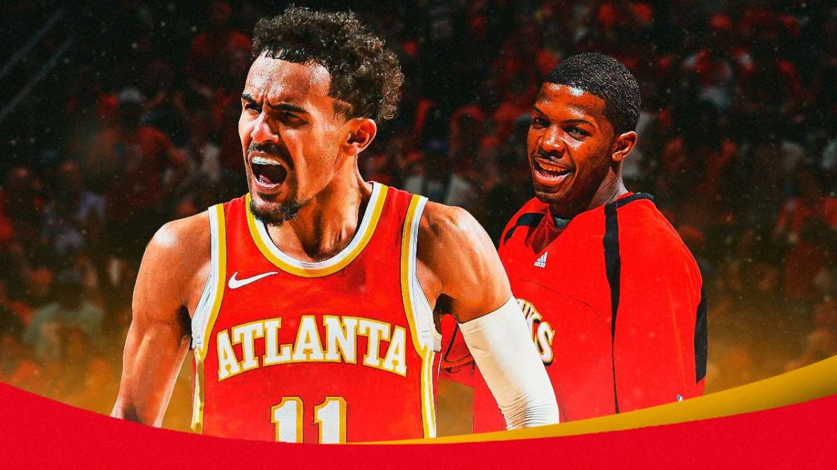 Hawks' Trae Young hyped up with Hawks' Joe Johnson (2006 version) beside him, smiling