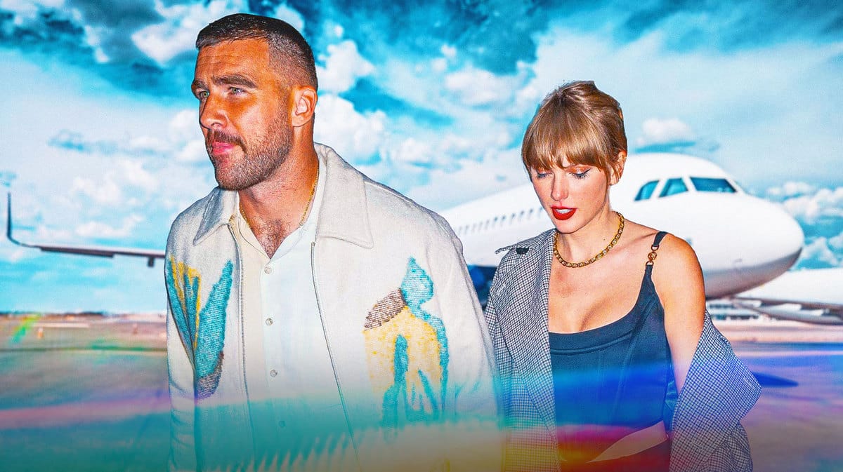 Travis Kelce and Taylor Swift and a plane in the background