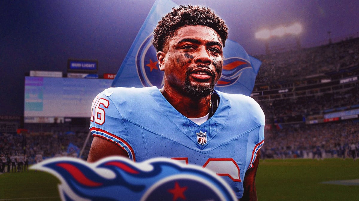 Treylon Burks with the Titans logo in the background