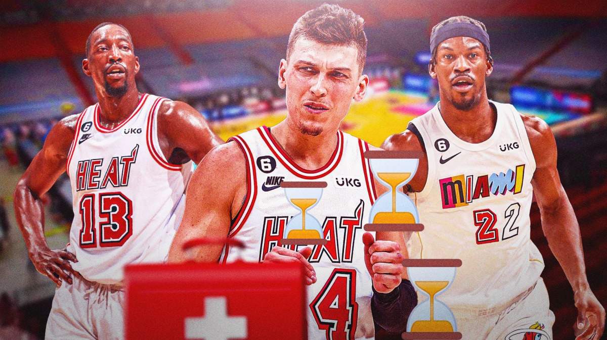 Heat G Tyler Herro looking angry, with medical red crosses and an hourglass all over him, with Jimmy Butler and Bam Adebayo looking concerned