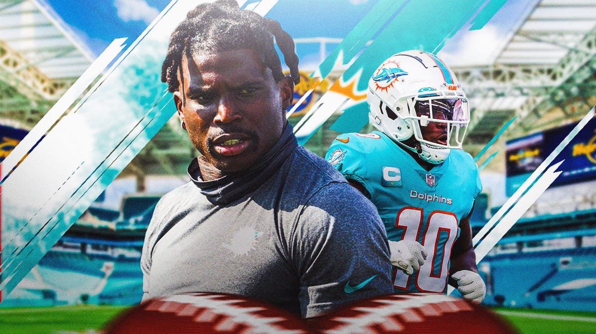 Miami Dolphins star Tyreek Hill in front of Hard Rock Stadium.