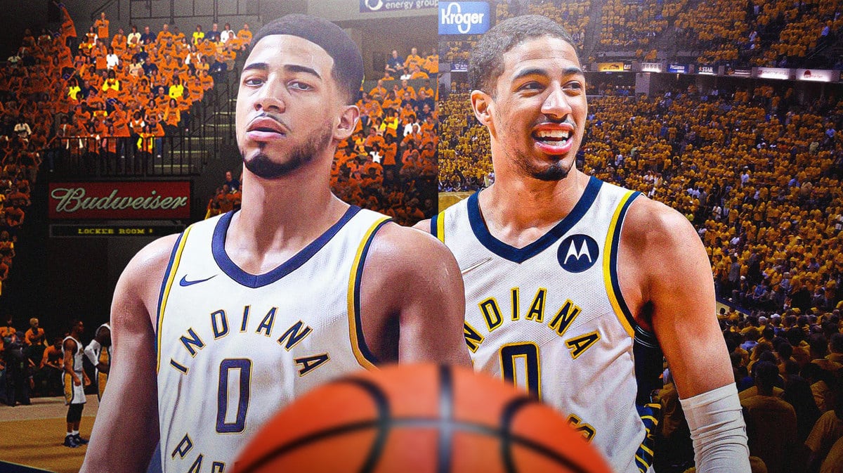 Indiana Pacers guard Tyrese Haliburton next to his model in the NBA 2K games in front of the Gainbridge Fieldhouse.