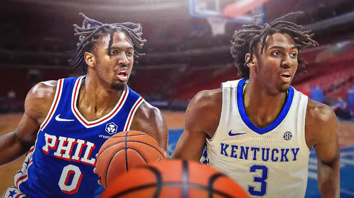 Tyrese Maxey playing for the Philadelphia 76ers and the Kentucky Wildcats.