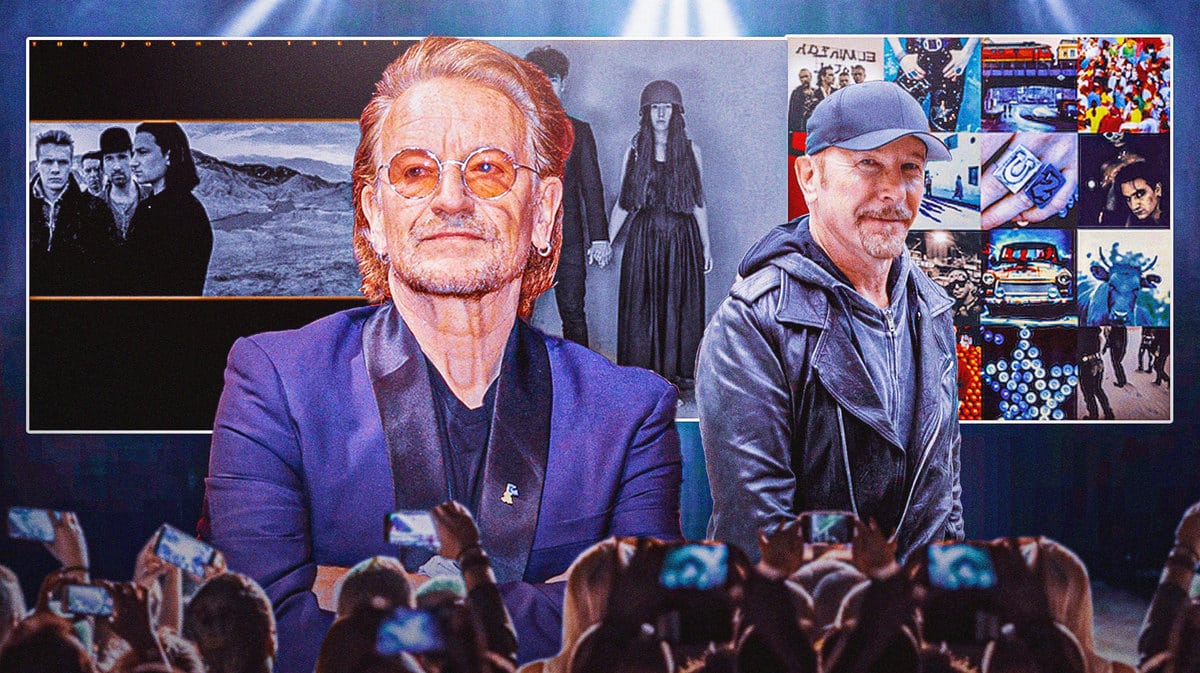 U2 albums Joshua Tree, Achtung Baby, and Songs of Experience with Bono and The Edge in front of Sphere.