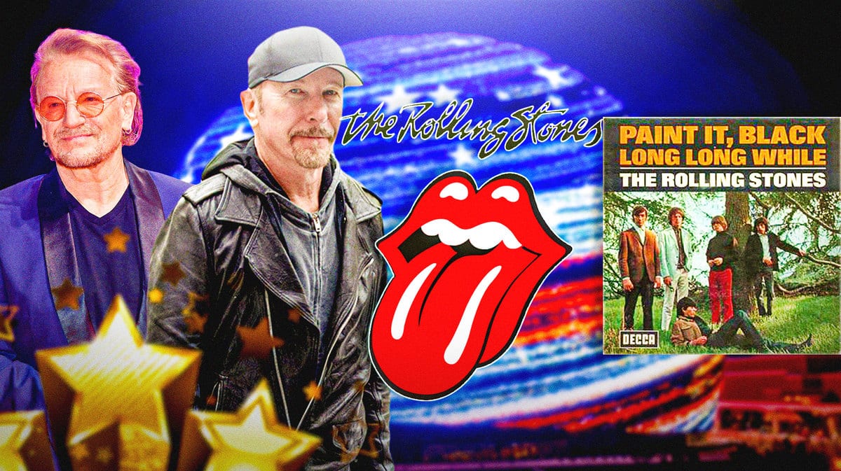 U2 Bono and The Edge, The Rolling Stones and Paint It Black cover in front of Sphere.
