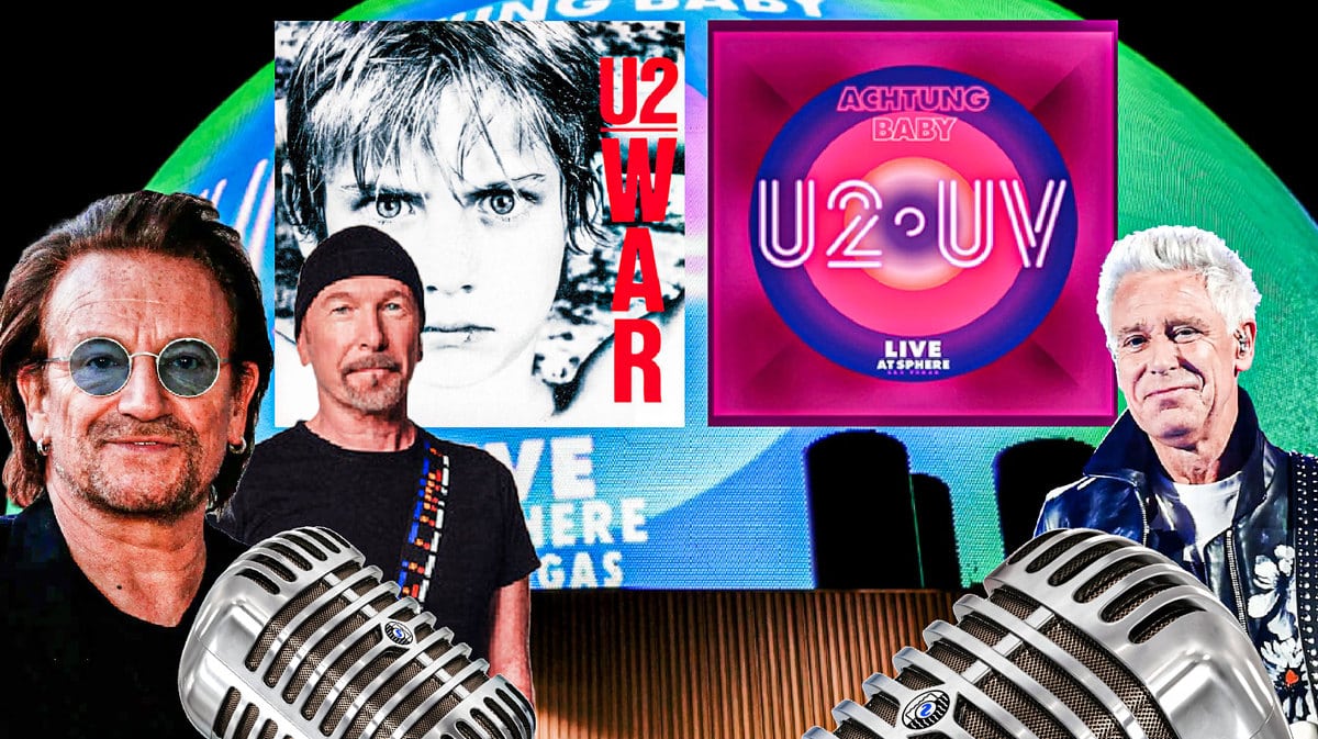 U2 Sphere, Bono and The Edge and Adam Clayton with War album cover.