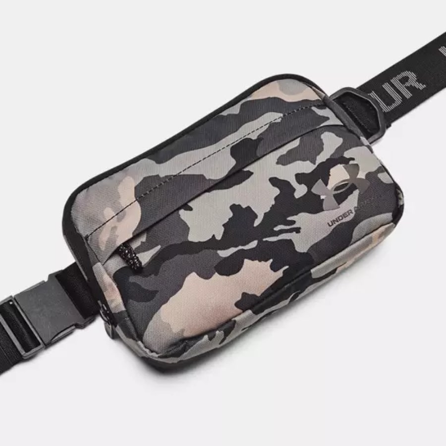 UA Loudon Waist Bag Crossbody Printed - Black/Metallic Black colorway on a light gray background.