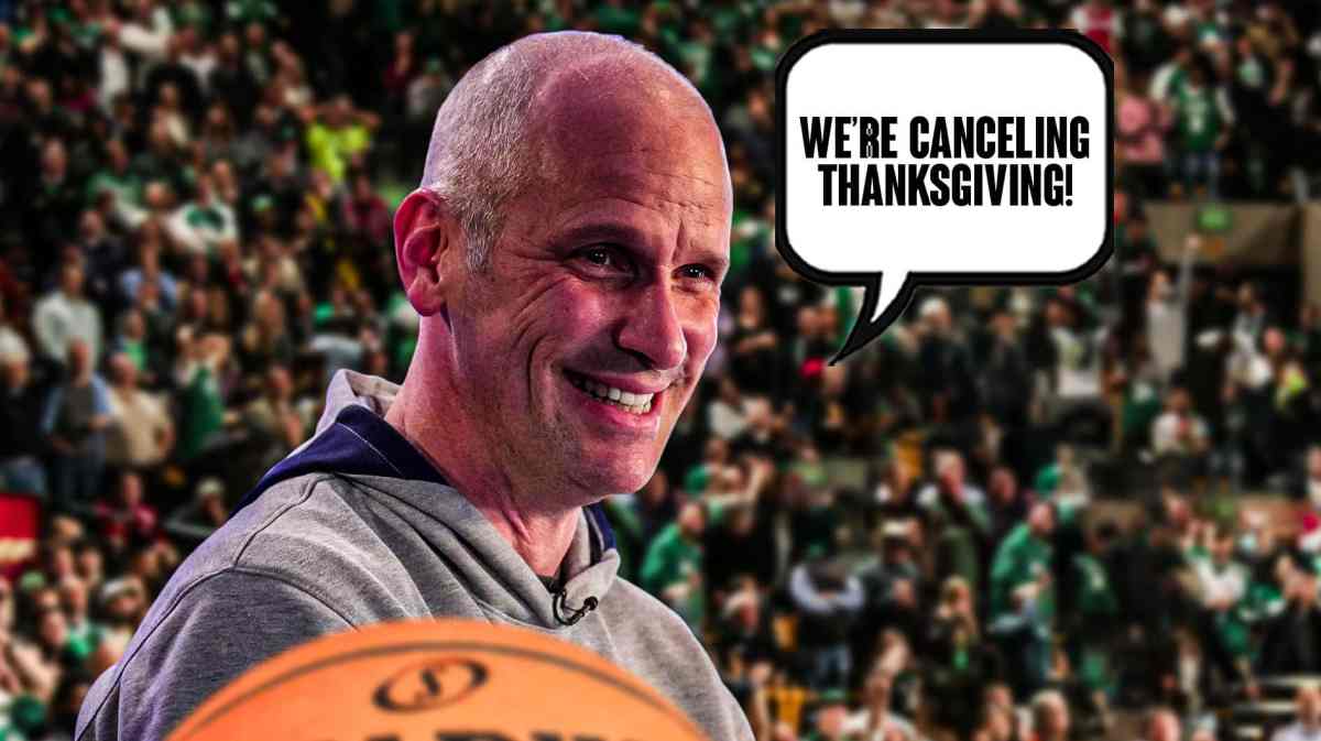 UConn basketball coach Dan Hurley in the foreground with the quote "We're canceling Thanksgiving" in a quote bubble.