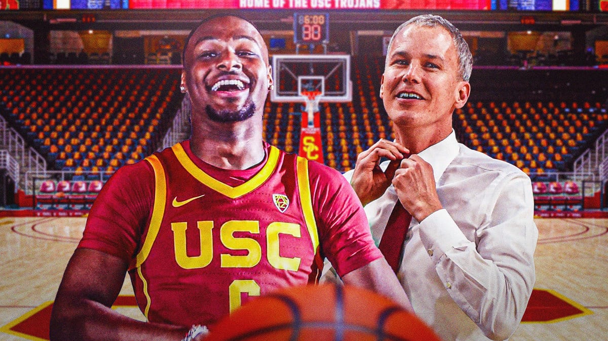 Bronny James next Andy Enfield, both of them smiling