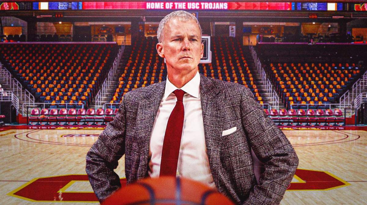 USC basketball, Trojans, UC Irvine basketball, Anteaters, Andy Enfield, Andy Enfield with USC basketball arena in the background