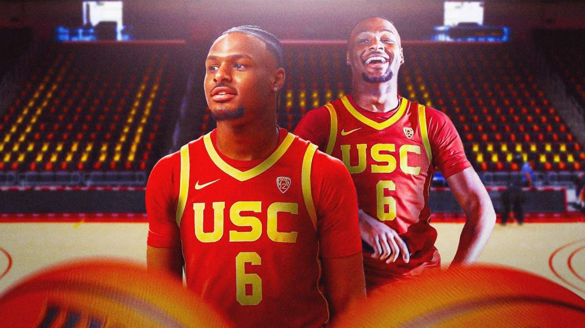 USC basketball, Trojans, Bronny James, Bronny James jersey, LeBron James, Bronny James in USC uni with USC basketball arena in the background