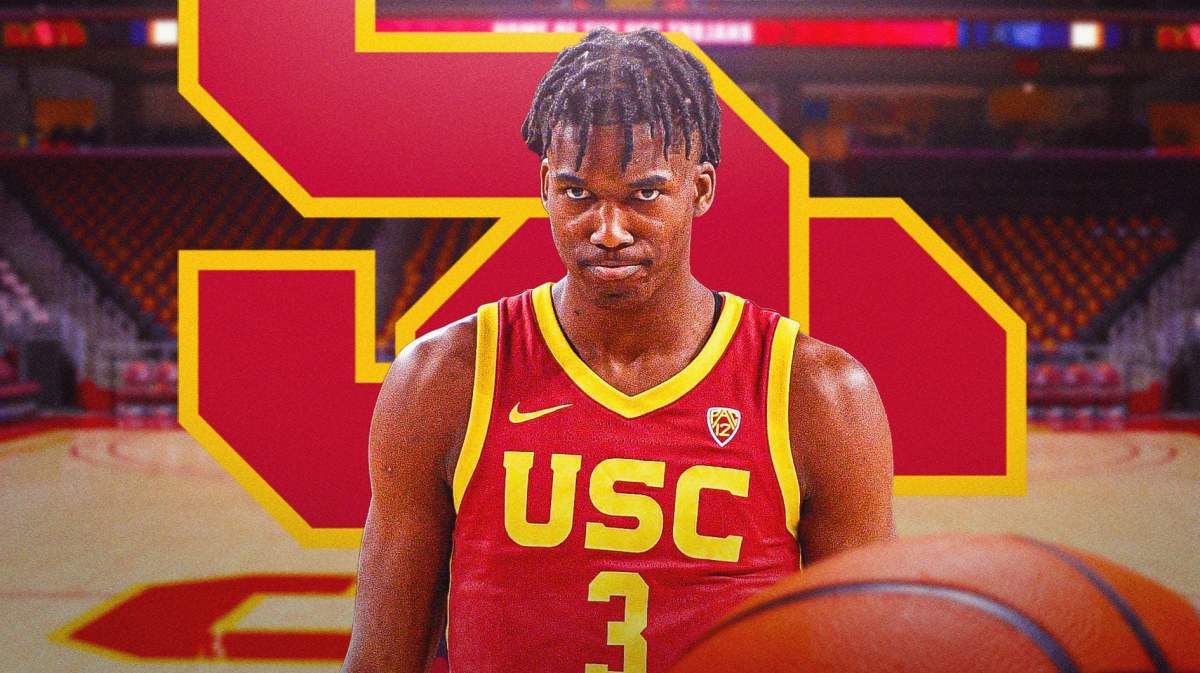 USC basketball, Trojans, Vincent Iwuchukwu, Vincent Iwuchukwu injury, Bronny James, Vincent Iwuchukwu in USC uni with USC basketball arena in the background