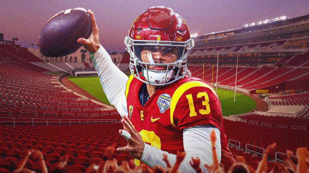 USC football, Trojans, UCLA football, College Football Playoff, Caleb Williams, Caleb Williams in USC uni with USC football stadium in the background