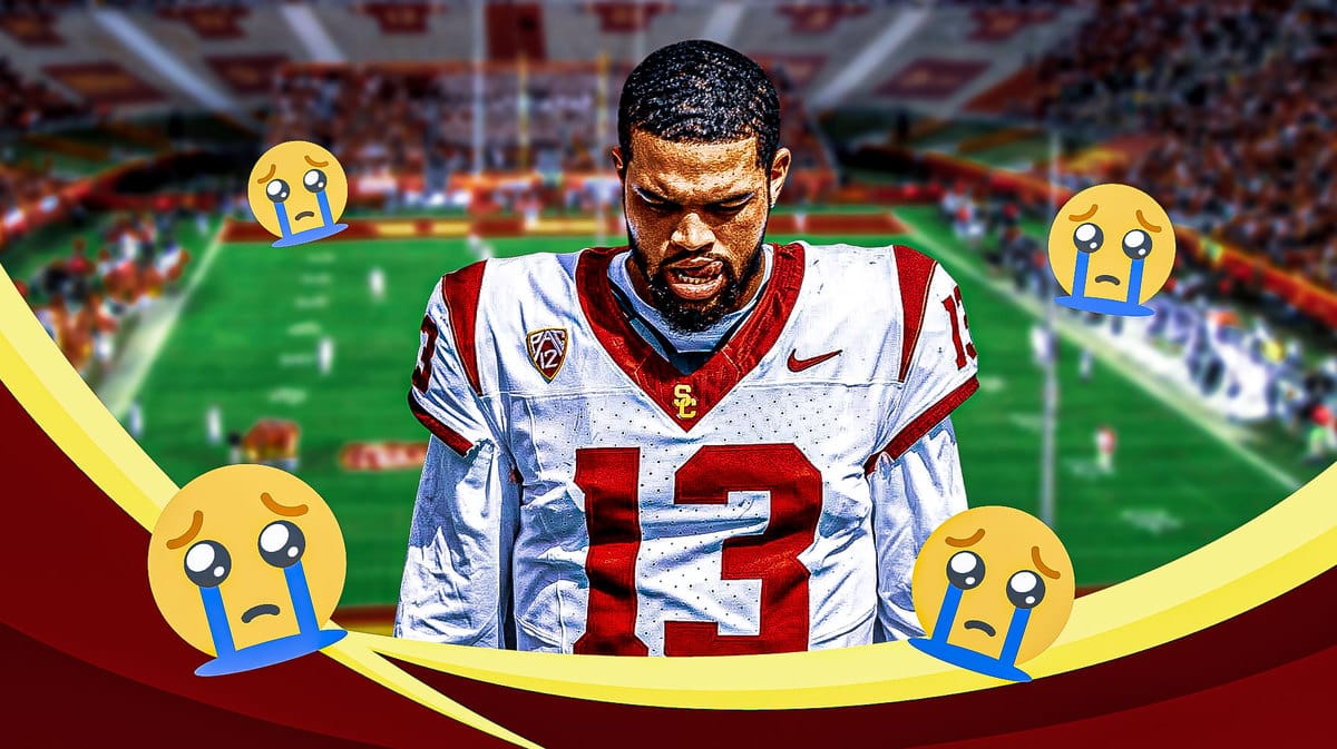 USC football QB Caleb Williams looking sad with several crying emojis in the background