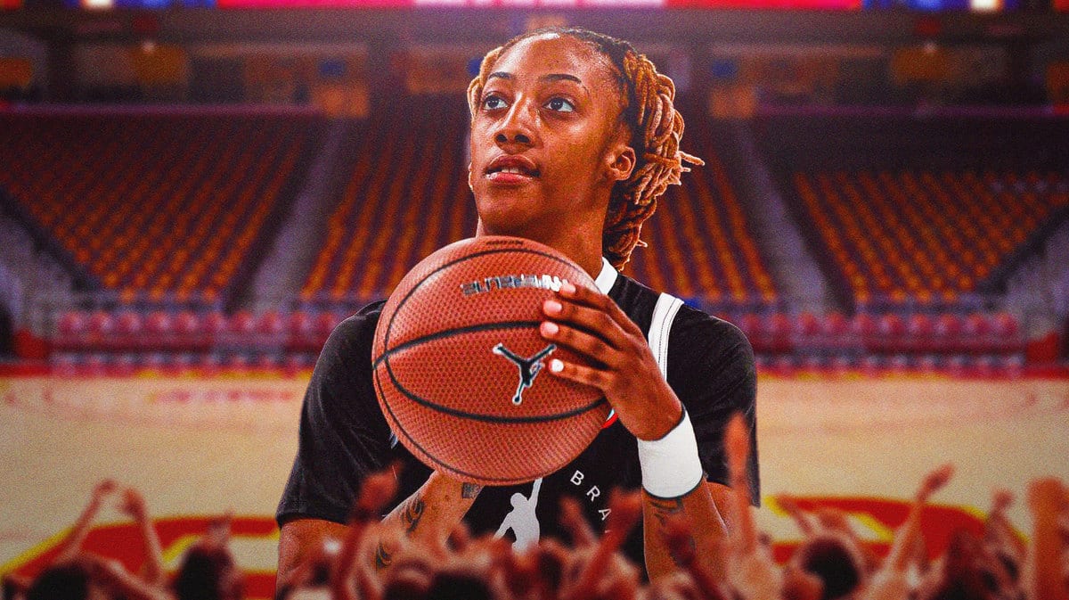 Aaliyah Gayles in the foreground with the USC Galen Center as the backdrop.